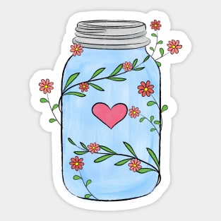 Mason Jar With Flowers, Leaves and a Heart Sticker